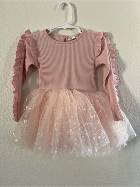 Blush Ribbed Tulle Dress with Ruffle Shoulders